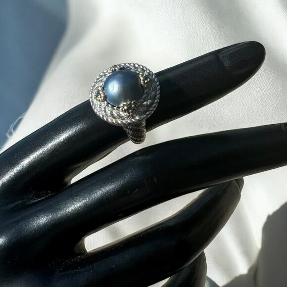Judith Ripka 18K Gold and 925 Silver Gray Pearl and Aquamarine Cocktail Ring - Picture 8 of 13